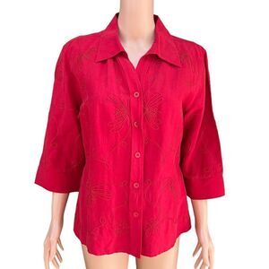 Christopher & Banks womens red embroidered button down blouse silk/linen blend L